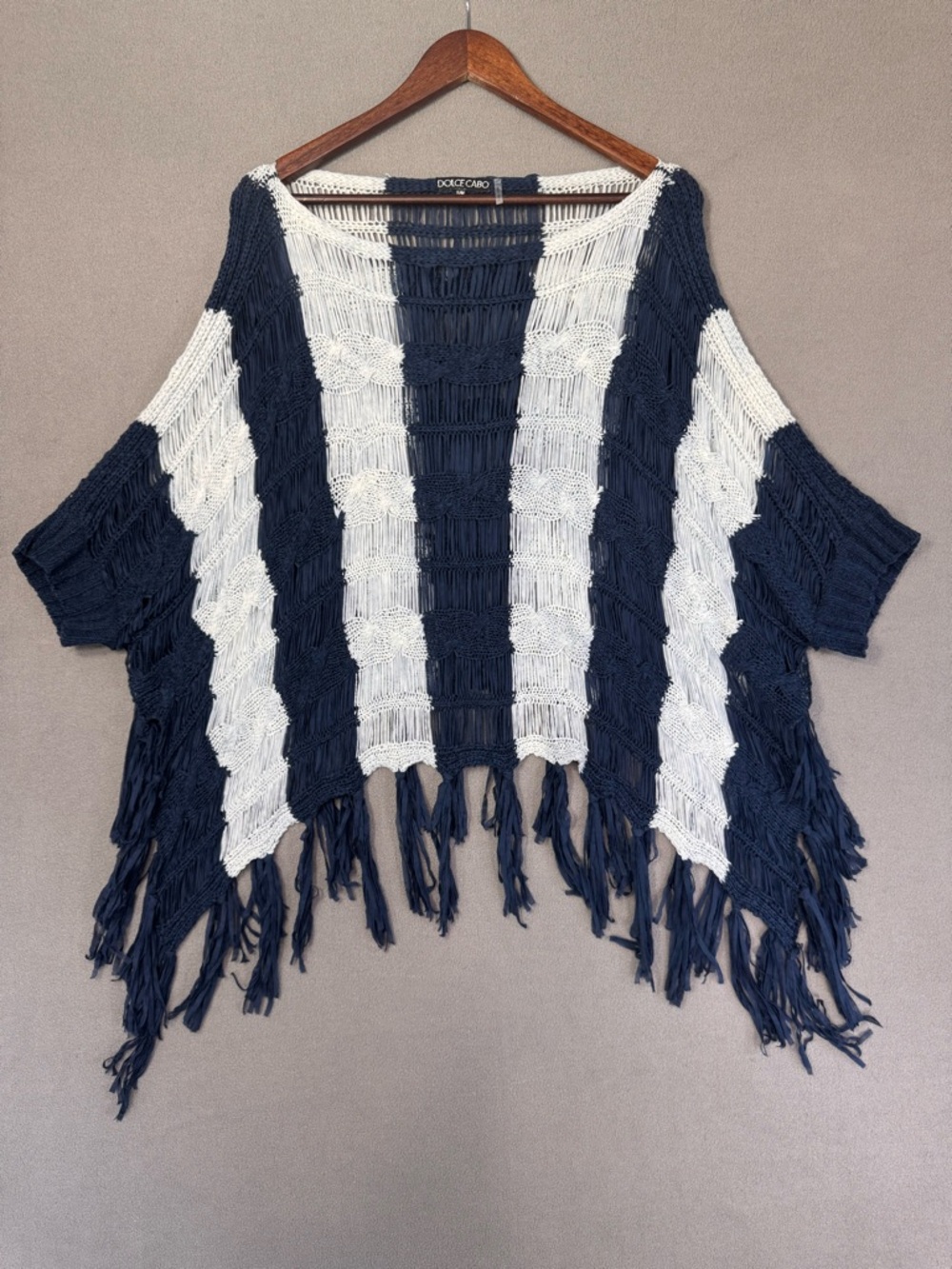 Dolce Cabo Navy Blue & White Striped Fringe Knit Poncho Top, S / M